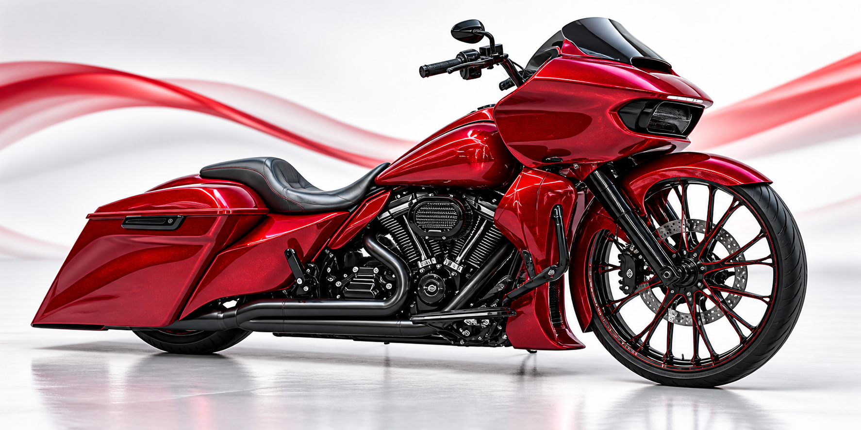 Concept illustration of a candy-red custom Harley-style bagger with an oversized front wheel, stretched saddlebags, and a low stance